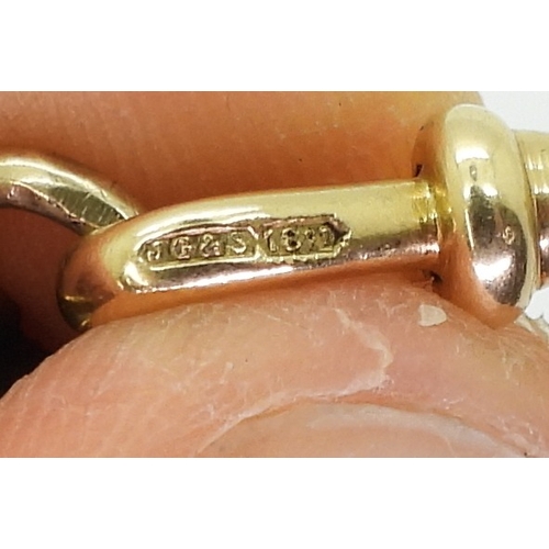 2834 - AN 18CT GOLD FOB CHAINwith baton links and fancy knot links, made by John Goffe & Son, length 34... 