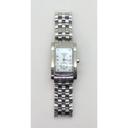 2929 - A LADIES DIAMOND SET LONGINES WATCHwith mother of pearl dial subsidiary seconds dial and diamond num... 