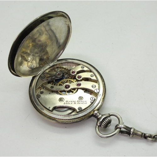 2933 - A ULYSSE NARDIN POCKET WATCHin continental silver full hunter case, The white enamelled dial is sign... 