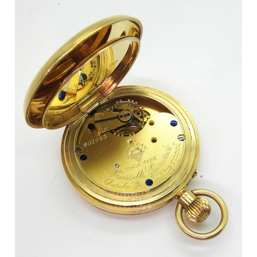 2934 - AN 18CT GOLD FULL HUNTER POCKET WATCHwith white enamel dial, subsidiary seconds dial, black Roman nu... 