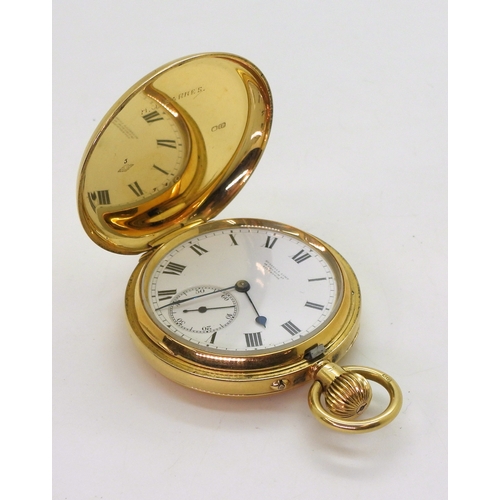 2934 - AN 18CT GOLD FULL HUNTER POCKET WATCHwith white enamel dial, subsidiary seconds dial, black Roman nu... 