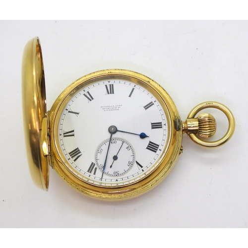 2934 - AN 18CT GOLD FULL HUNTER POCKET WATCHwith white enamel dial, subsidiary seconds dial, black Roman nu... 