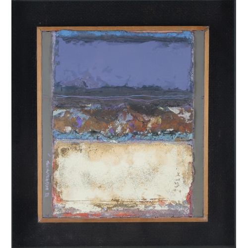 3051 - TOM HUTCHESON (SCOTTISH 1922-1999)SLATE GREY AND OCHREOil gesso and collage on board, signed lower l... 