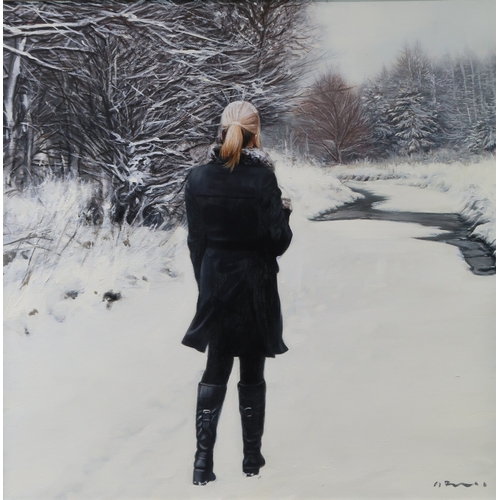 3069 - GERARD M BURNS (SCOTTISH B.1961)BLACK COAT IN THE SNOWOil on canvas, signed lower right, 51 x 51.5cm... 