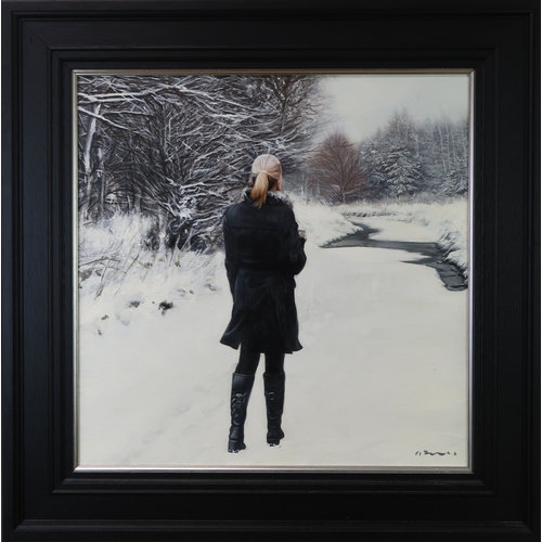 3069 - GERARD M BURNS (SCOTTISH B.1961)BLACK COAT IN THE SNOWOil on canvas, signed lower right, 51 x 51.5cm... 