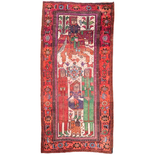 2138 - A BEIGE GROUND IRANIAN LORI RUNNERcentral panel decorated with geometric figure on horseback over pa... 