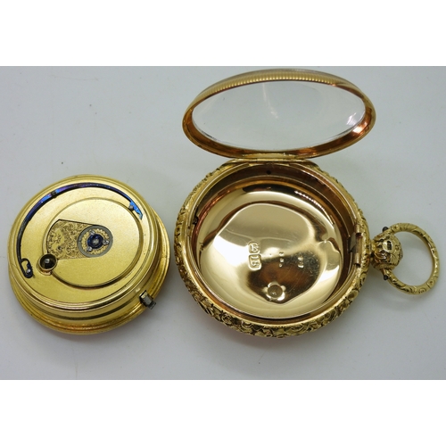 2936 - A GEORGE III 18CT POCKET WATCHa yellow metal dial with three colour gold details, Roman numerals and... 