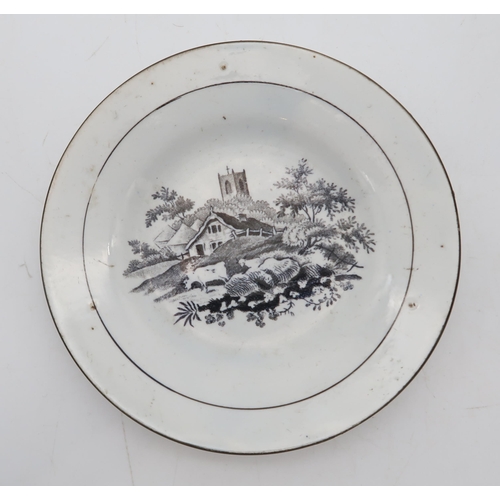 238 - A possible Liverpool enamel plate decorated with a church and buildings, an 18th century Derby tea f... 