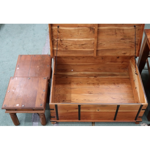 58 - A lot comprising a large contemporary mangowood chest/coffee table with black metallic fittings, 47c... 