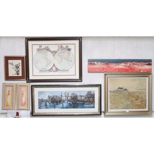 61 - A mixed lot of assorted framed and unframed artworks to include Anthony Wall textured print (8)