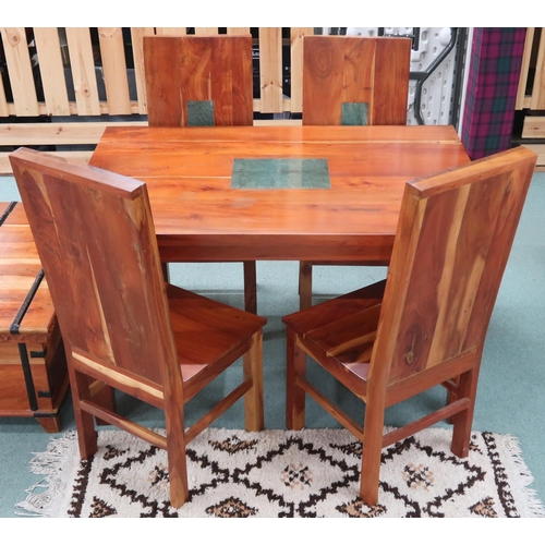 64 - A contemporary mangowood and green soapstone inset dining table and four chairs, table with rectangu... 