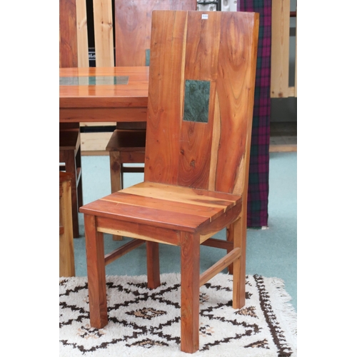 64 - A contemporary mangowood and green soapstone inset dining table and four chairs, table with rectangu... 