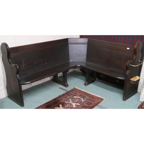 68 - A late Victorian dark stained pine corner church pew with shaped ends one with umbrella stand mounts... 