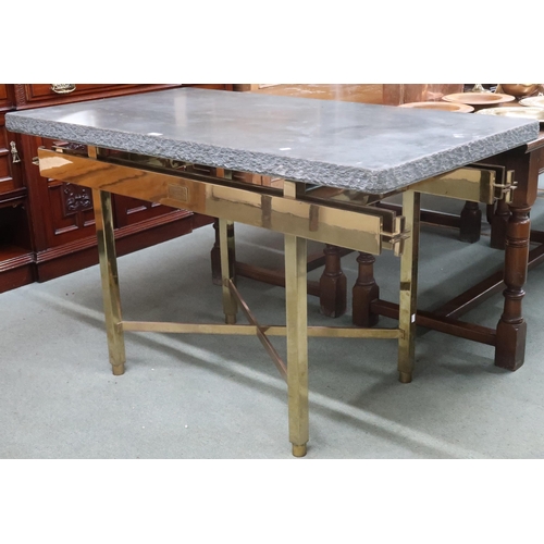 71 - A 20th century ecclesiastical table with green marble top on brass base with plaque 