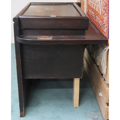 73 - An early 20th century stained pine ecclesiastical style corner table with panelled back, 83cm high x... 