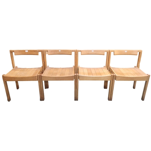 74 - A lot of four 20th century teak stacking church seats with slatted seats on square supports, some wi... 