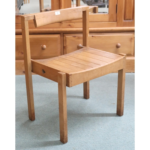 74 - A lot of four 20th century teak stacking church seats with slatted seats on square supports, some wi... 