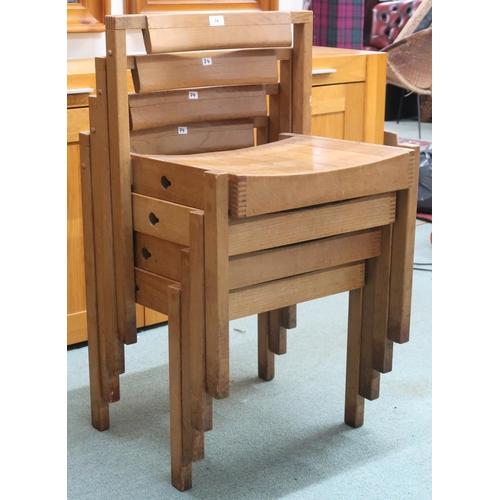 74 - A lot of four 20th century teak stacking church seats with slatted seats on square supports, some wi... 