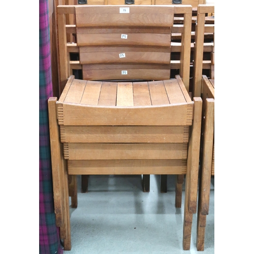 75 - A lot of four 20th century teak stacking church seats with slatted seats on square supports, some wi... 