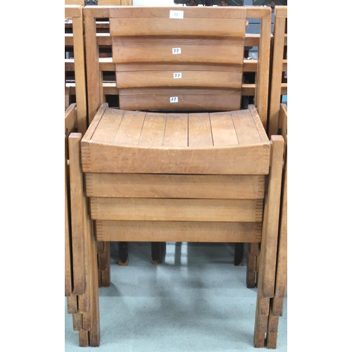 77 - A lot of four 20th century teak stacking church seats with slatted seats on square supports, some wi... 