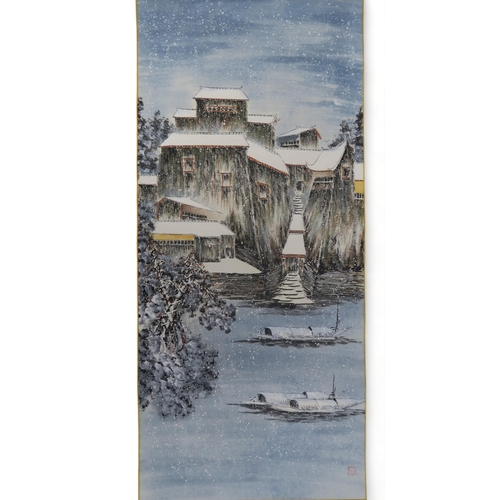 229 - A collection of Chinese watercolour and ink scroll paintings including one depicting a winter landsc... 