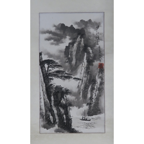 229 - A collection of Chinese watercolour and ink scroll paintings including one depicting a winter landsc... 