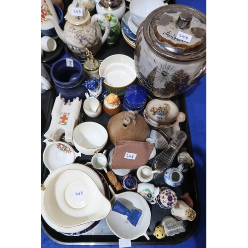 245 - A collection of teawares, a stoneware pot and cover, a cat decorated plate and cover, and assorted o... 