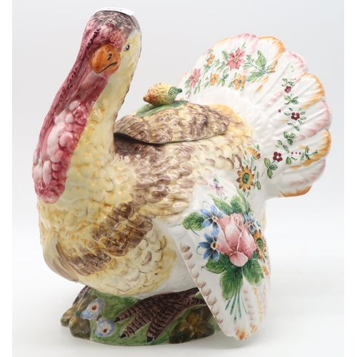 259 - An Italian pottery Turkey shaped soup tureen, painted with flowers