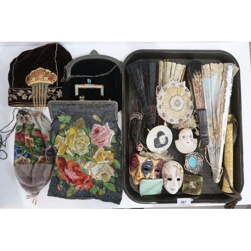 267 - Assorted beaded bags and purses, an agate set hair comb, fans, a velvet cap etc