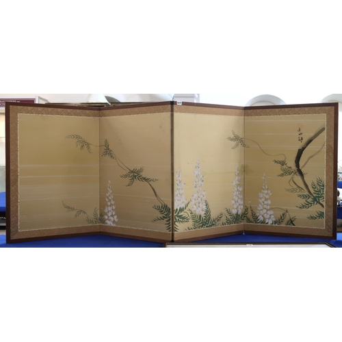 268 - A Japanese table screen, two silk embroidered panels and a watercolour of buildings