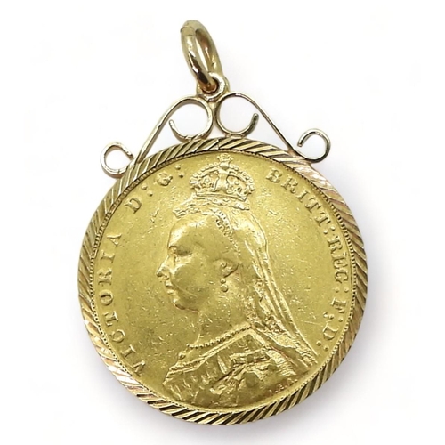 701 - An 1888 full gold Victorian sovereign in a 9ct gold pendant mount, stamped 'M' for the Melbourne Min... 