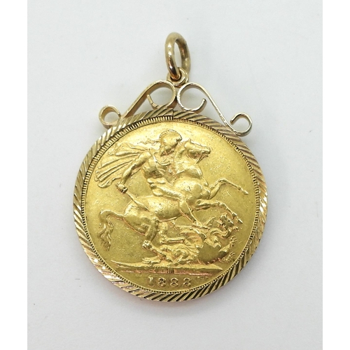 701 - An 1888 full gold Victorian sovereign in a 9ct gold pendant mount, stamped 'M' for the Melbourne Min... 