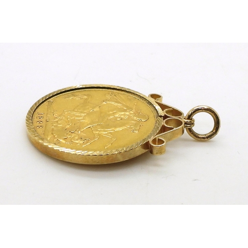 701 - An 1888 full gold Victorian sovereign in a 9ct gold pendant mount, stamped 'M' for the Melbourne Min... 