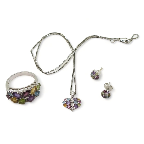 703 - A set of multi gem set and diamond accent jewellery, comprising of a 18ct white gold ring, size P1/2... 