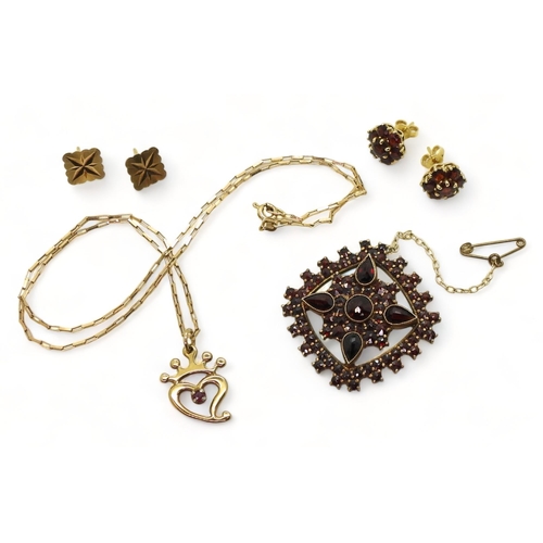 704 - A pair of 18ct gold garnet flower earrings, weight 4.3gms 9ct gold and garnet luckenbooth pendant an... 