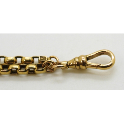 710 - A 9ct gold guard chain, with 9ct soldered on tag and stamped lobster claw clasp, with two chain off ... 