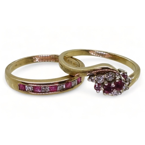 718 - A 9ct gold ruby and diamond cluster ring, size S1/2, together with a ruby and diamond half eternity ... 