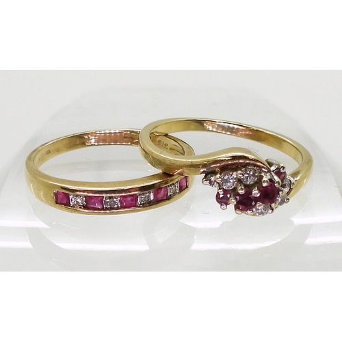 718 - A 9ct gold ruby and diamond cluster ring, size S1/2, together with a ruby and diamond half eternity ... 