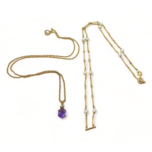 720 - A 9ct gold baton link chain interspaced with pearls along its length, length 40cm, together with an ... 