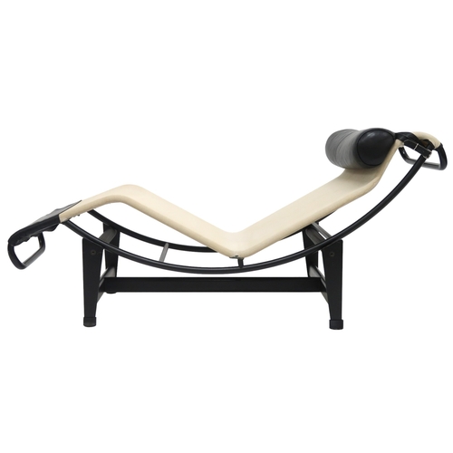 2120 - A 20TH CENTURY AFTER LE CORBUSIER TYPE LC4 CHAISE LONGUE with black leather head cushion and cream c... 