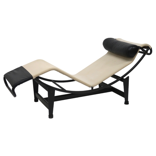 2120 - A 20TH CENTURY AFTER LE CORBUSIER TYPE LC4 CHAISE LONGUE with black leather head cushion and cream c... 