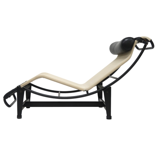 2120 - A 20TH CENTURY AFTER LE CORBUSIER TYPE LC4 CHAISE LONGUE with black leather head cushion and cream c... 