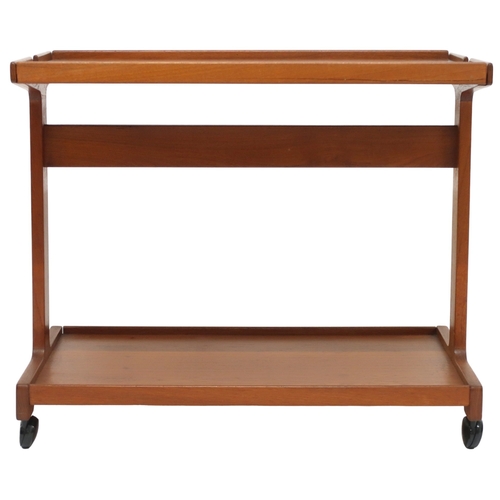 2121 - A MID 20TH CENTURY TEAK DANISH TRIOH TWO TIER TEA TROLLEY with removable tray top on shape... 