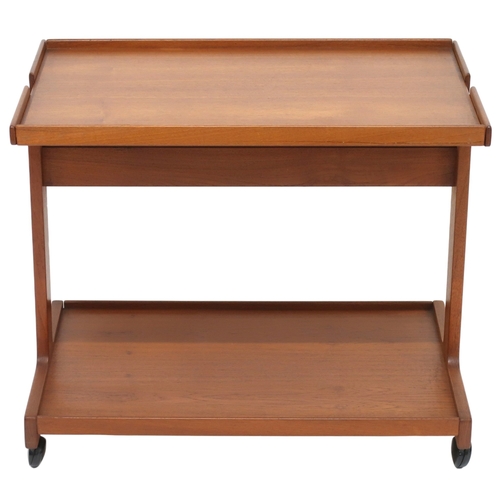 2121 - A MID 20TH CENTURY TEAK DANISH TRIOH TWO TIER TEA TROLLEY with removable tray top on shape... 