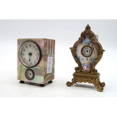 237 - A German miniature mother of pearl mounted alarm clock, a French gilt metal and enamel miniature clo... 