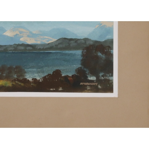 859 - JAMES MCNAUGHT RSW RGI (SCOTTISH b.1948) LOCH LOMOND Gouache, signed lower right, 16 x 19cm Title in... 