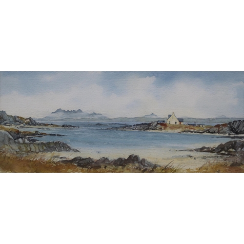 861 - JOHN BATHGATE (SCOTTISH b.1949) VIEW WEST TO THE SMALL ISLES FROM ARISAIG Watercolour, 14.5 x 33cm... 