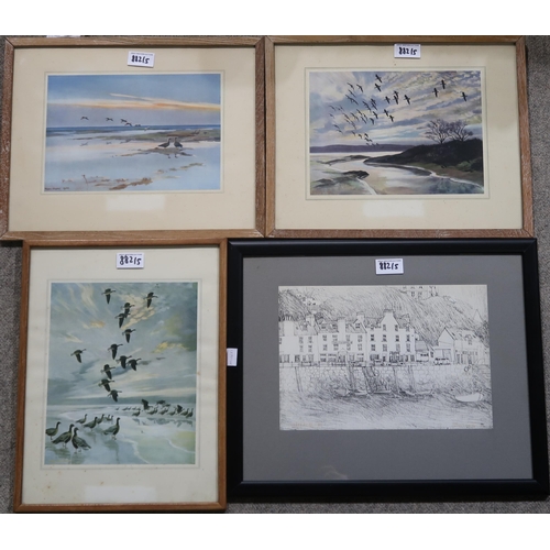 882 - A VARIOUS LOT COMPRISING PRINTS INCLUDING PETER SCOTT AND A WATERCOLOUR BY LEONARD PIKE (5)... 