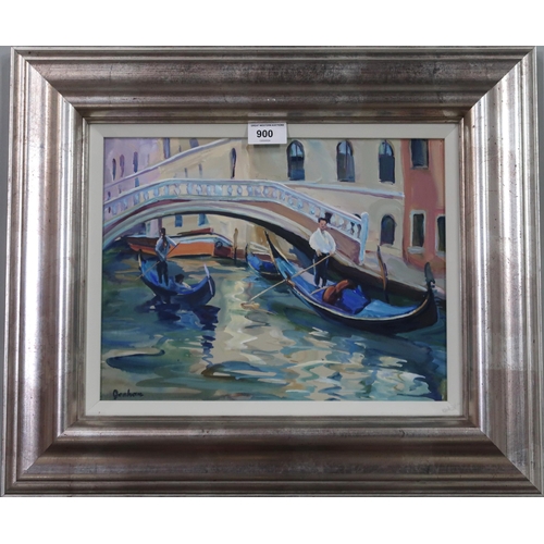 900 - JOSEPHINE GRAHAM (SCOTTISH b.1930) PASSING GONDOLAS Oil on board, signed lower left, 25 x 33.5cm  Ti... 