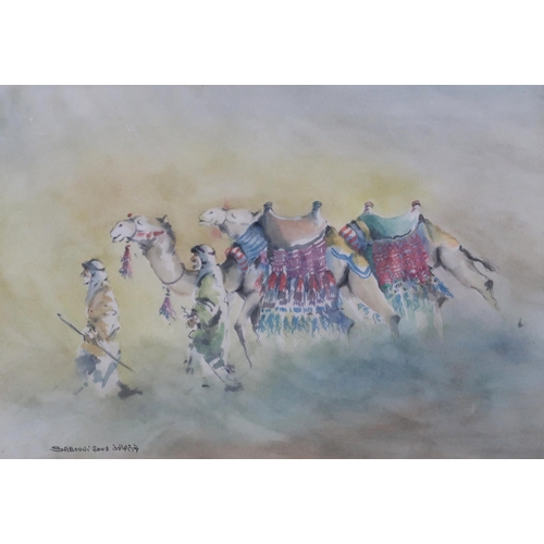 907 - CONTEMPORARY SCHOOL BEDOUINS IN THE DESERT Watercolour, signed 'Sabouni' lower left, dated... 